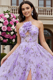Lilac A-Line Halter Cut Out 3D Flower Long Prom Dress with Slit
