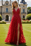 Red A-Line V-Neck Sequin Long Prom Dress with Slit