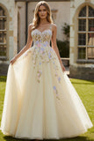 Light Yellow A-Line Spaghetti Straps Embroidered Tulle Long Prom Dress