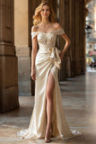 Off The Shoulder Champagne Mermaid Long Satin Prom Dress with Slit