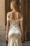 Off The Shoulder Champagne Mermaid Long Satin Prom Dress with Slit