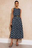 Navy White Dot Round Neck A Line Midi Work Dress with Belt