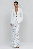 2 Piece Peaked Lapel Ivory Polka Dots Work Dress