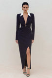 Black Sheath Deep V-Neck Long Sleeves Work Dress with Slit