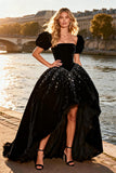 Black Velvet High-Low Sequin Princess Prom Dress with Puff Sleeves