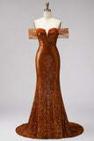 Bronze Off the Shoulder Mermaid Sequins V-Neck Prom Dress with Sweep Train