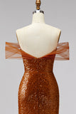 Bronze Off the Shoulder Mermaid Sequins V-Neck Prom Dress with Sweep Train