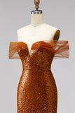 Bronze Off the Shoulder Mermaid Sequins V-Neck Prom Dress with Sweep Train