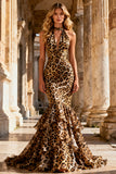Mermaid Khaki Leopard Halter Open Back Long Prom Dress