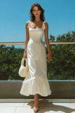 Ivory Square Neck Ruffled Sheath Ankle Length Engagement Dress