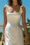 Ivory Square Neck Ruffled Sheath Ankle Length Engagement Dress