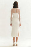 Ivory Round Neck Bodycon Midi Engagement Dress with Slit