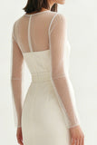 Ivory Round Neck Bodycon Midi Engagement Dress with Slit