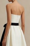 Ivory Strapless A Line Ankle Length Engagement Dress with Bow