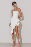 White Strapless Ruffled Bodycon High Low Engagement Dress