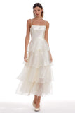 Ivory Spaghetti Straps A Line Ruffled Ankle Length Engagement Dress