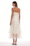 Ivory Spaghetti Straps A Line Ruffled Ankle Length Engagement Dress