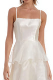 Ivory Spaghetti Straps A Line Ruffled Ankle Length Engagement Dress