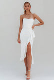 White Strapless Bodycon Midi Ruffled Bachelorette Dress with Slit