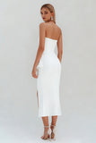 White Strapless Bodycon Midi Ruffled Bachelorette Dress with Slit