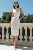 White Bodycon Satin Bateau Neck Midi Engagement Dress
