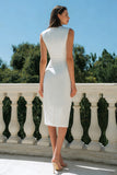 White Bodycon Satin Bateau Neck Midi Engagement Dress
