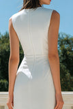 White Bodycon Satin Bateau Neck Midi Engagement Dress