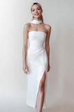 White Sheath Strapless Scarf Neck Long Engagement Dress with Slit