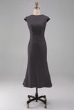 White Mermaid Crew Neck Cap Sleeves Midi Formal Dress