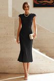 White Mermaid Crew Neck Cap Sleeves Midi Formal Dress