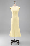 White Mermaid Crew Neck Cap Sleeves Midi Formal Dress