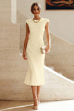 White Mermaid Crew Neck Cap Sleeves Midi Formal Dress