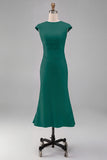 White Mermaid Crew Neck Cap Sleeves Midi Formal Dress