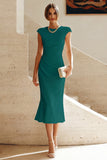 White Mermaid Crew Neck Cap Sleeves Midi Formal Dress