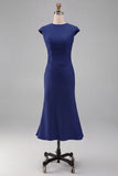 White Mermaid Crew Neck Cap Sleeves Midi Formal Dress