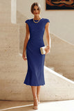 White Mermaid Crew Neck Cap Sleeves Midi Formal Dress