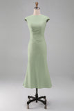 White Mermaid Crew Neck Cap Sleeves Midi Formal Dress