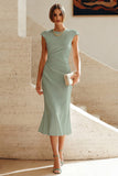 White Mermaid Crew Neck Cap Sleeves Midi Formal Dress