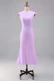 White Mermaid Crew Neck Cap Sleeves Midi Formal Dress