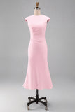 White Mermaid Crew Neck Cap Sleeves Midi Formal Dress