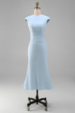 White Mermaid Crew Neck Cap Sleeves Midi Formal Dress