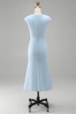 White Mermaid Crew Neck Cap Sleeves Midi Formal Dress