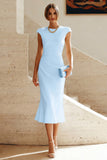 White Mermaid Crew Neck Cap Sleeves Midi Formal Dress