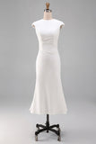 White Mermaid Crew Neck Cap Sleeves Midi Formal Dress