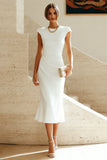 White Mermaid Crew Neck Cap Sleeves Midi Formal Dress