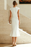 White Mermaid Crew Neck Cap Sleeves Midi Formal Dress