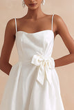White A Line Spaghetti Straps Long Engagement Dress with Bow