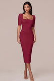Square Neck Sheath Satin Little White Dress with Short Sleeves