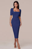 Square Neck Sheath Satin Little White Dress with Short Sleeves