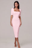 Square Neck Sheath Satin Little White Dress with Short Sleeves